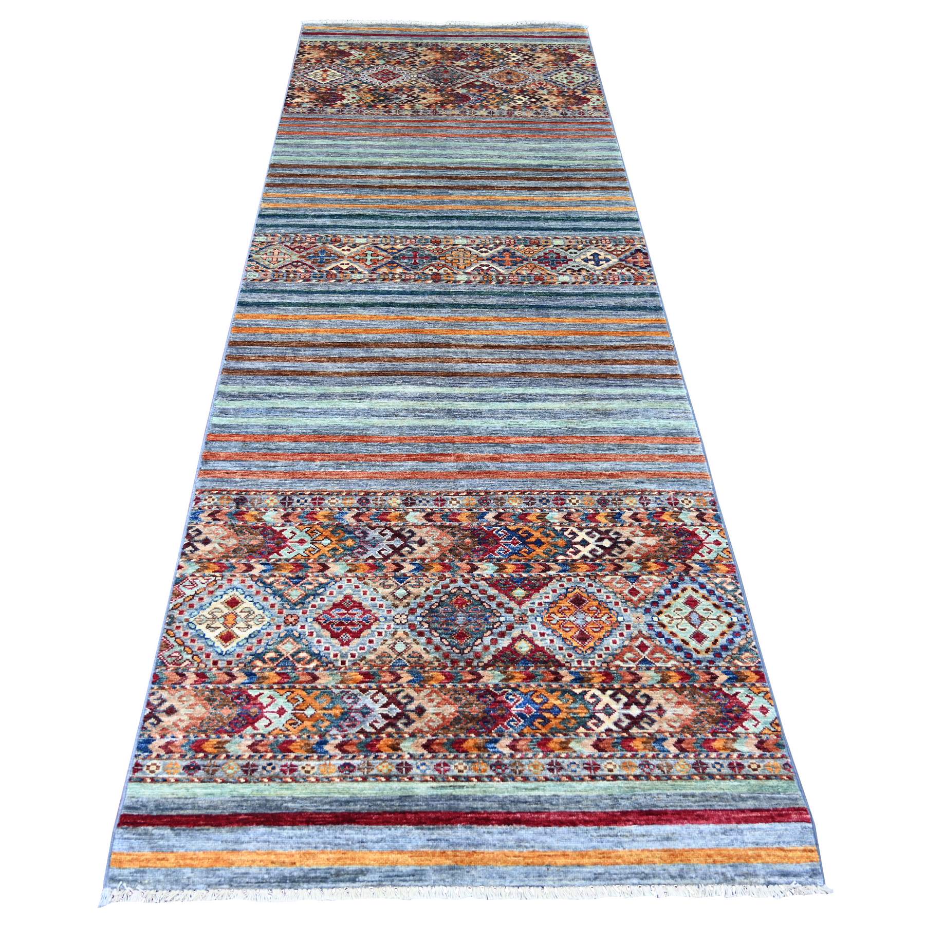 Spanish Gray, Afghan Super Kazak with Khorjin Design, Hand Knotted, Soft and Velvety Wool, Vegetable Dyes, Wide Runner, Oriental Rug